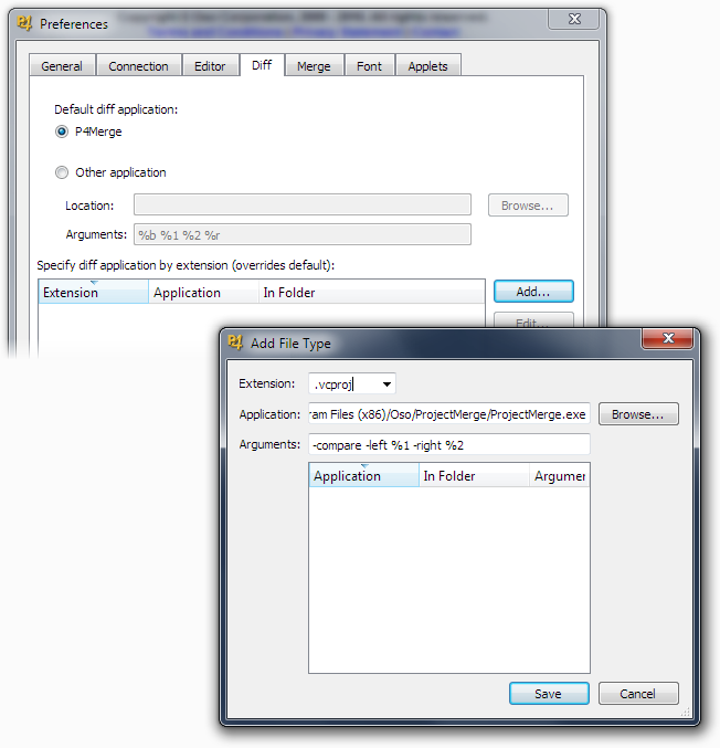 The P4V Add File Type Dialog showing the settings for Project: Merge filled in.