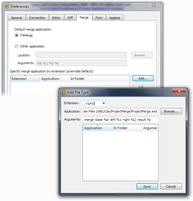 The P4V Add File Type Dialog showing the settings for Project: Merge filled in.